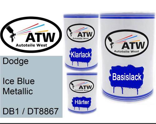 Dodge, Ice Blue Metallic, DB1 / DT8867: 500ml Lackdose + 500ml Klarlack + 250ml Härter - Set, von ATW Autoteile West.